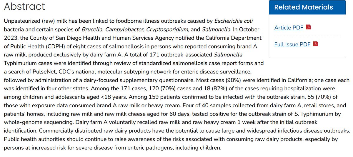 greg_folkers's tweet image. .@CDCMMWR : Outbreak of Salmonella Typhimurium Infections Linked to Commercially Distributed Raw Milk — California and Four Other States, September 2023–March 2024
bit.ly/4lKQApF