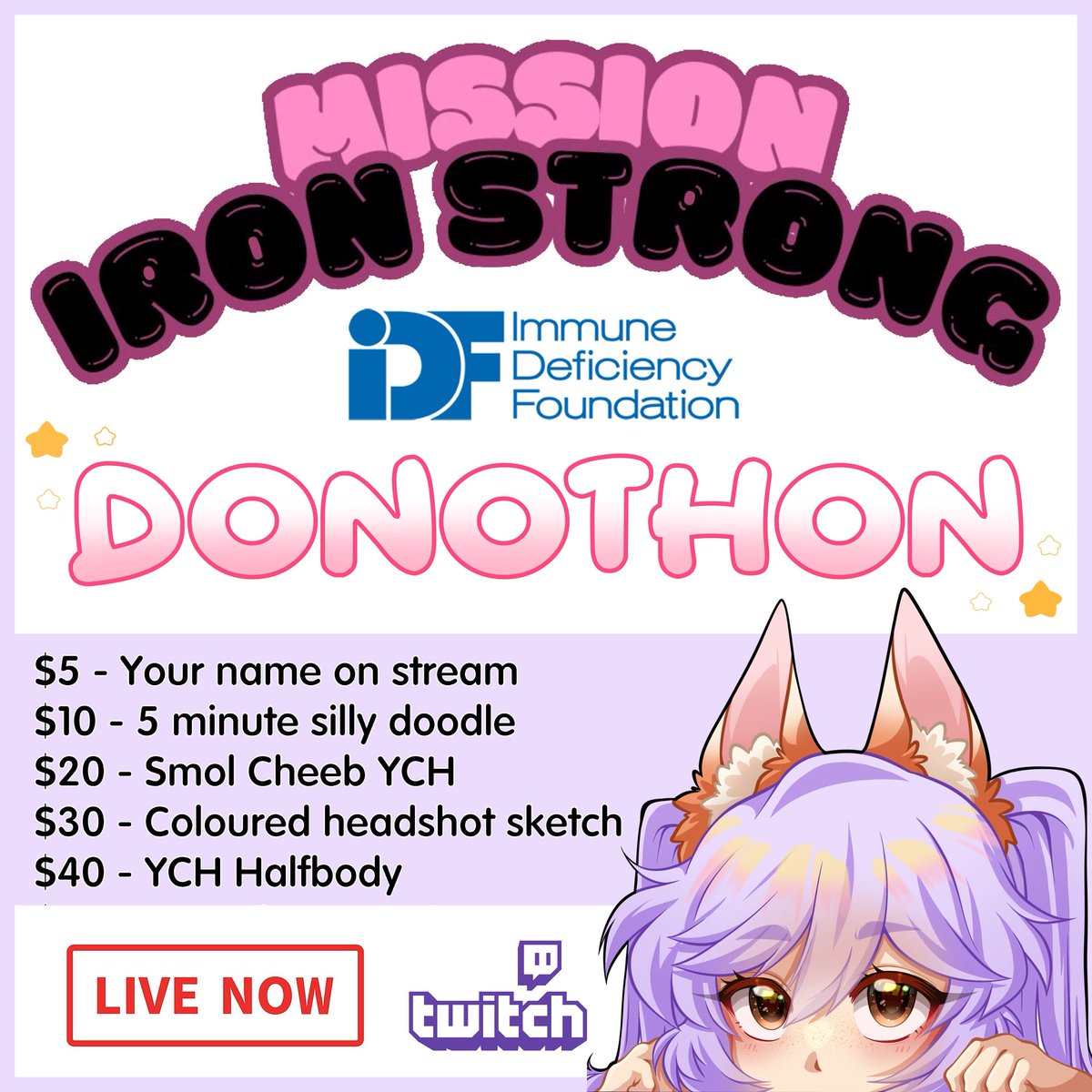 KittenKattArt's tweet photo. I am now live with my #missionironstrong Donothon for the Immune Deficiency Foundation 🫶 

Any donations during my stream will receive any of the following items featured in the post corresponding to how much you donated.

https://t.co/9KlhlFO4Sg https://t.co/imNGRyskka