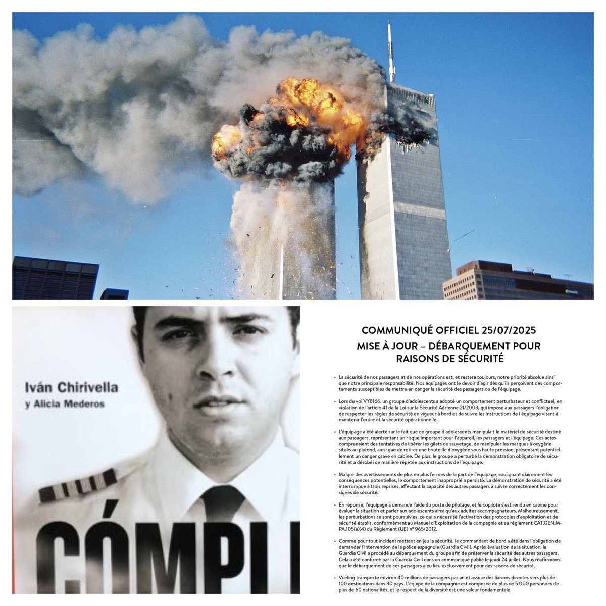 VUELING AIRLINES CONFIRM IN OFFICIAL STATEMENT THEIR PILOT TRAINED 9/11 TERRORISTS 

In a shocking turn of events Vueling Airlines confirms that the pilot of the flight that kicked 50 Jewish French teens off their flight from Spain back to france, is indeed Ivan Chirivella, who