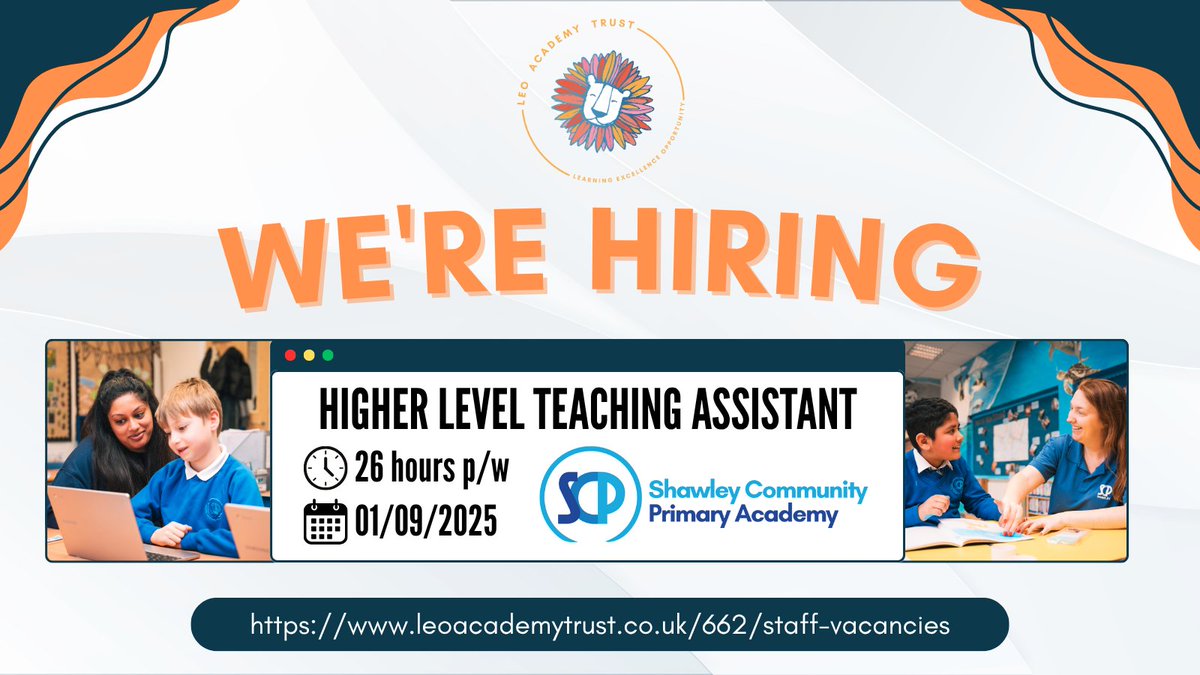 WestAshtead's tweet photo. 📣 We are hiring!

Come and join our team as a Higher Level Teaching Assistant (HLTA) or a Early Years Educator Apprentice!     

More HLTA information: https://t.co/Od2kuLwCZW
More EYEA information: https://t.co/3JbVGPo86t

#WeAreLEO 🦁 https://t.co/u1HZeHLiqa