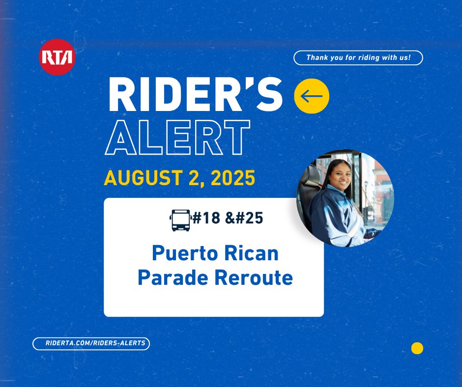 GCRTA's tweet image. π¨ Parade Alert: #18 & #25 Reroutes Sunday! π¨
Sunday, August 3, 2025 (8:30 AM - 2:00 PM), the Puerto Rican Parade will reroute #18 & #25 buses. Use the Transit app for real-time tracking! π±π Thanks for your patience! β¨