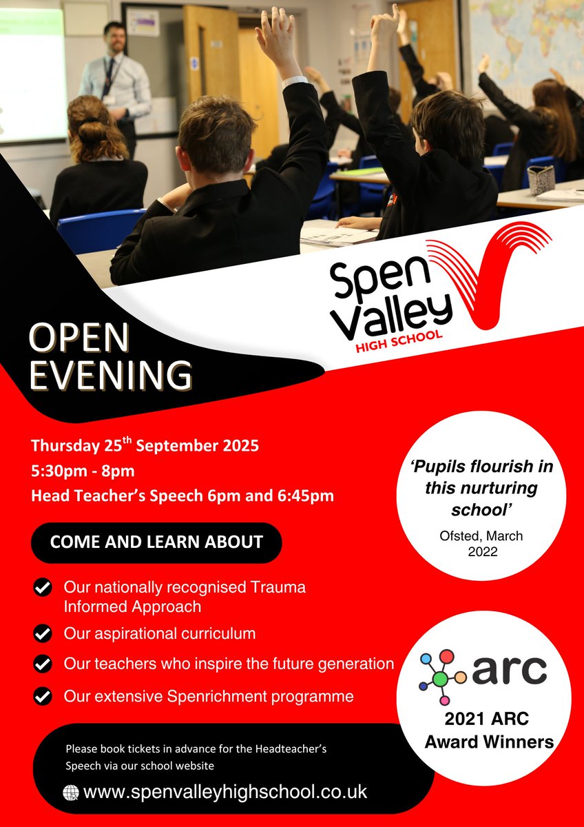 Spenvalleyhigh's tweet photo. Spen Valley High School Open Evening
Thursday 25th September 2025
5.30pm – 8pm

To book tickets for the Headteacher’s Speech, please visit https://t.co/JwFOmpeY9p

We are looking forward to meeting you! https://t.co/DYjMWPWP14