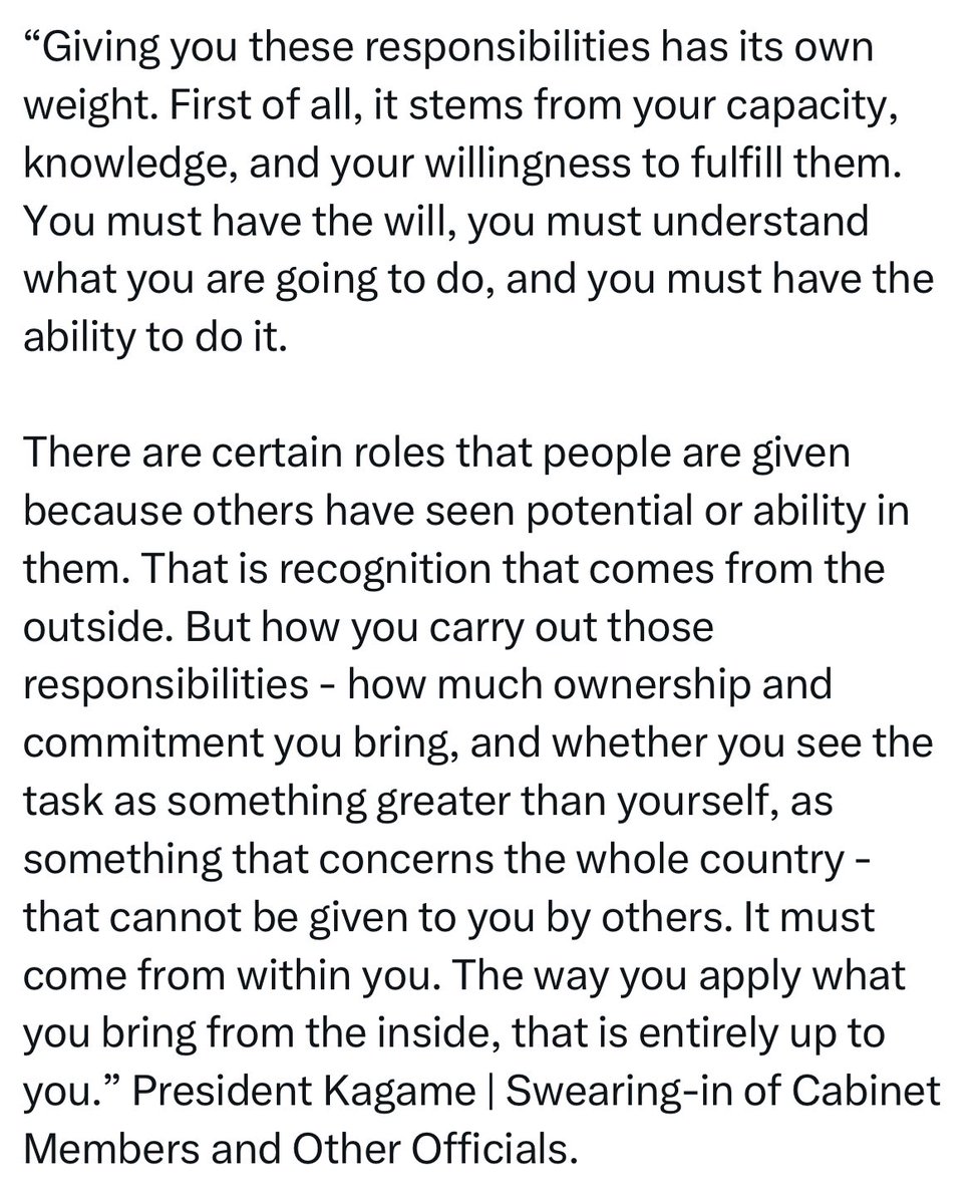 Powerful words and a deep reminder that leadership is not just about titles, but about inner conviction, responsibility, and service beyond self. 🇷🇼

President Kagame beautifully captures the essence of true leadership — it begins with internal drive, purpose, and a commitment to