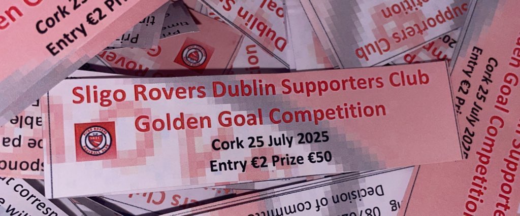Sligo Rovers DSC (@srfc_dsc) on Twitter photo Matchday 🔴⚪️
We’re heading for Cork!
Don’t forget your golden goals ⚽️
3 for €5 to win €50 and support your #bitored
Pay via Revolut: @garyo0389 or via PayPal: garmclean@gmail.com
Include your mobile no if I don’t already have it. Matchday 🔴⚪️
We’re heading for Cork!
Don’t forget your golden goals ⚽️
3 for €5 to win €50 and support your #bitored
Pay via Revolut: @garyo0389 or via PayPal: garmclean@gmail.com
Include your mobile no if I don’t already have it.