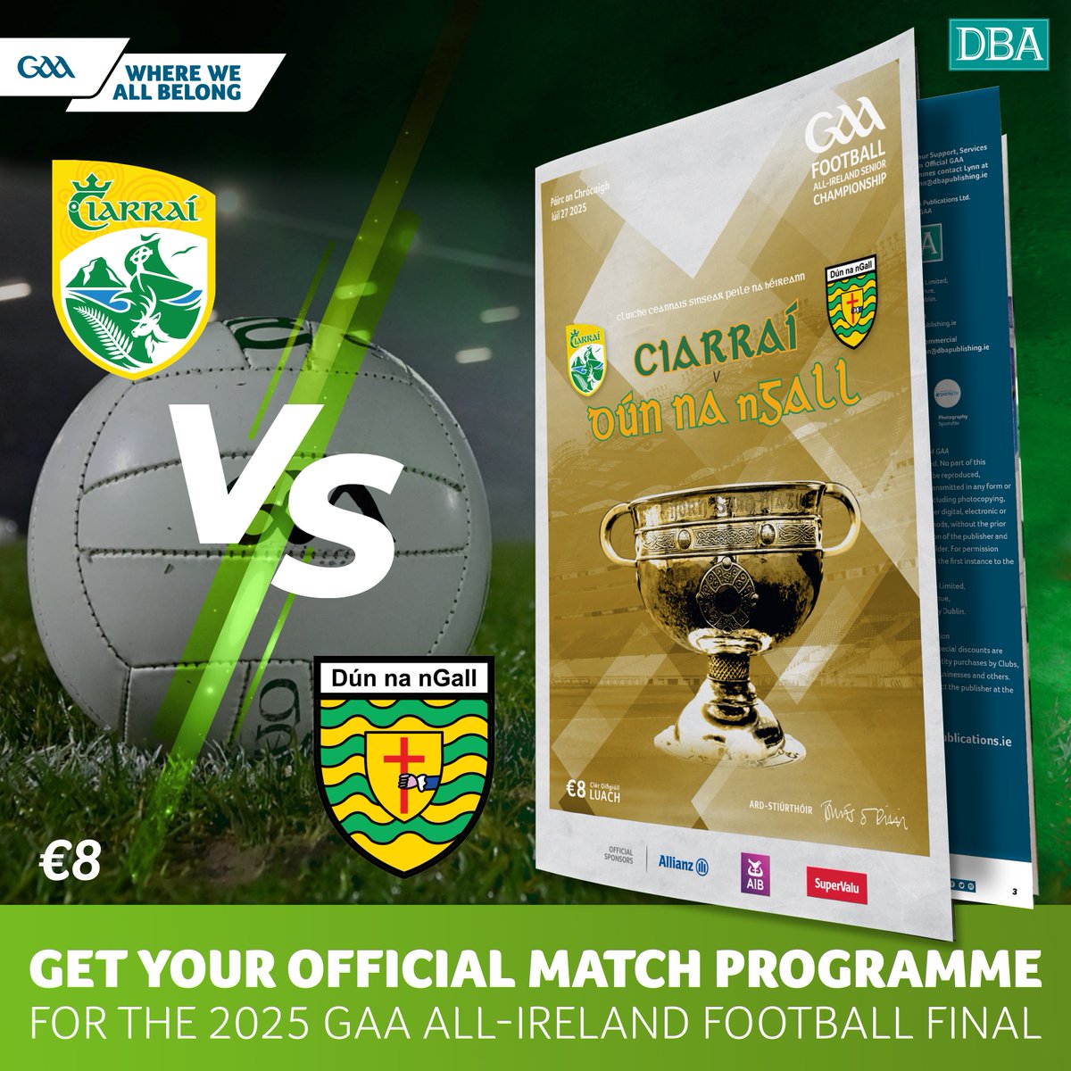 officialgaa's tweet image. The All-Ireland Football Final is almost upon us!
Get your Official Match Programme for the big game this Sunday either at Croke Park or order online at the link below!🔗dbapublications.ie/shop/