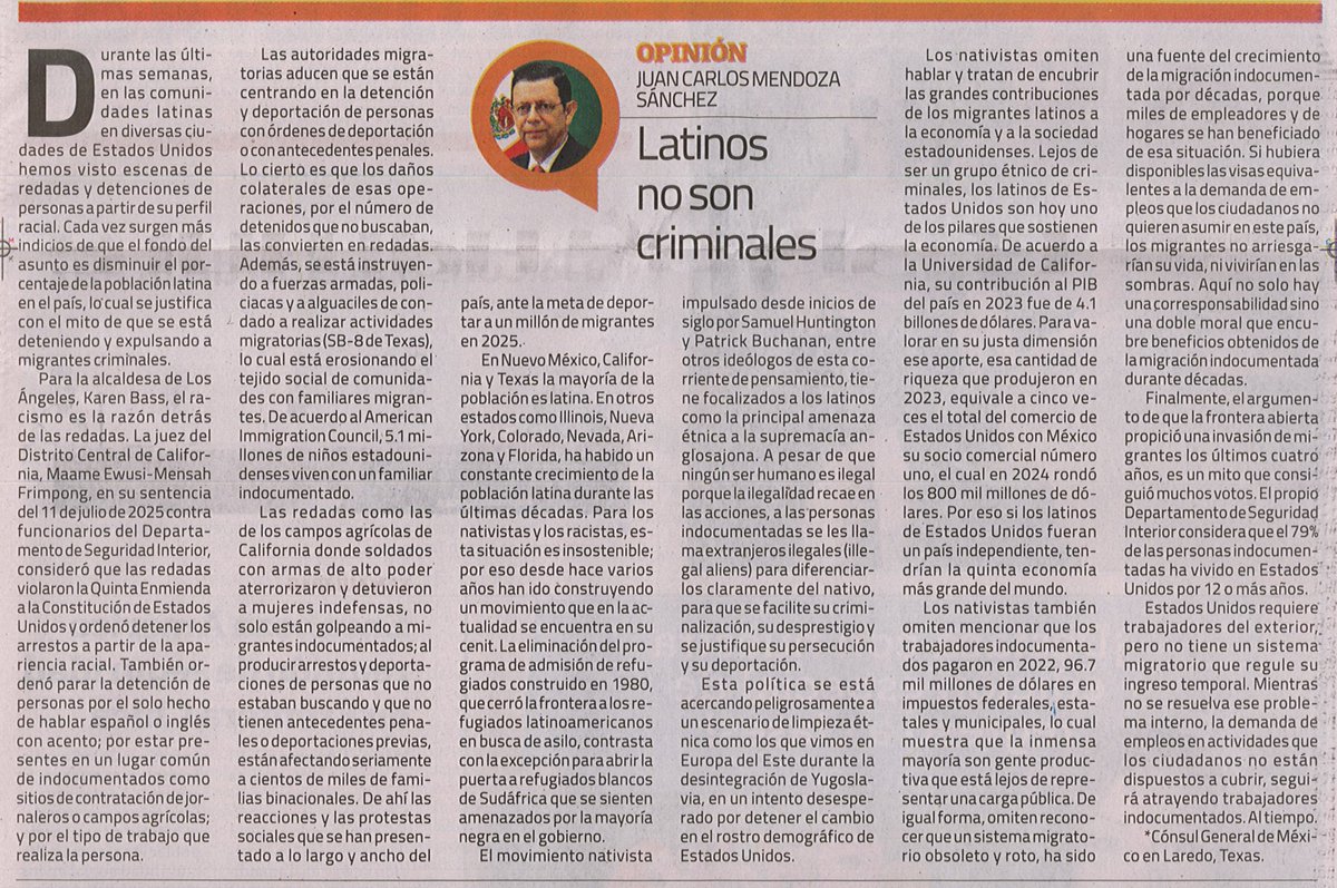 Consulmex Laredo (@consulmexlaredo) on Twitter photo En artículo publicado en El Mañana, el Cónsul <a href="/jcmendoza2011/">Juan Carlos Mendoza</a> aborda impacto de las redadas raciales y denuncia estigmas contra comunidades migrantes. Destaca que latinos contribuyeron con $4.1billones al PIB en 2023 y pagan miles de millones en impuestos. bit.ly/40DOdfX En artículo publicado en El Mañana, el Cónsul <a href="/jcmendoza2011/">Juan Carlos Mendoza</a> aborda impacto de las redadas raciales y denuncia estigmas contra comunidades migrantes. Destaca que latinos contribuyeron con $4.1billones al PIB en 2023 y pagan miles de millones en impuestos. bit.ly/40DOdfX