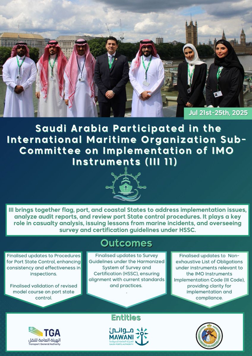 The Kingdom of #SaudiArabia 🇸🇦 participated in the International Maritime Organization <a href="/IMOHQ/">International Maritime Organization</a> 11th session of the Sub Committee on the Implementation of IMO Instruments. #III focuses on flag, port, and coastal State implementation of IMO regulations. It analyses audit reports,