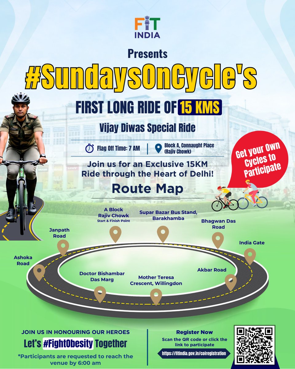 FitIndiaOff's tweet image. This Sunday, join us for a special edition of #SundaysOnCycle as we honour our heroes with an exclusive 15KM ride through the heart of Delhi ❤️
Get your own cycle & be part of this fitness revolution!
Let’s #FightObesity together 💪
#Pedal2Fitness
#PollutionKaSolution