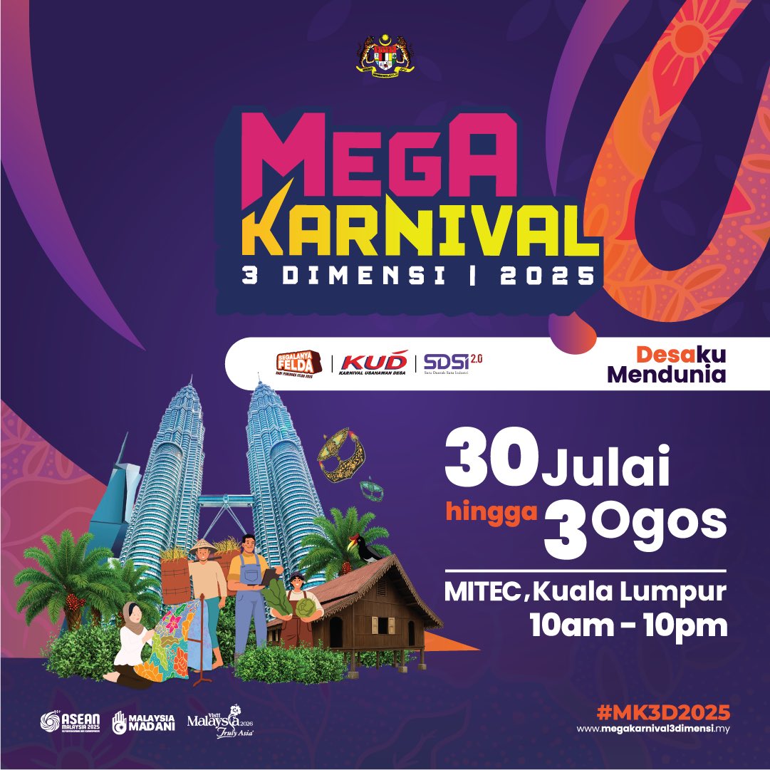 Ada Karnival Mega 3 Dimensi 2025 akan berlangsung 30 Julai sampai 30 Ogos di MITEC, KL jam 10 pagi  hingga 10 malam

#MK3D2025 #DesakuMendunia #SupportLocal