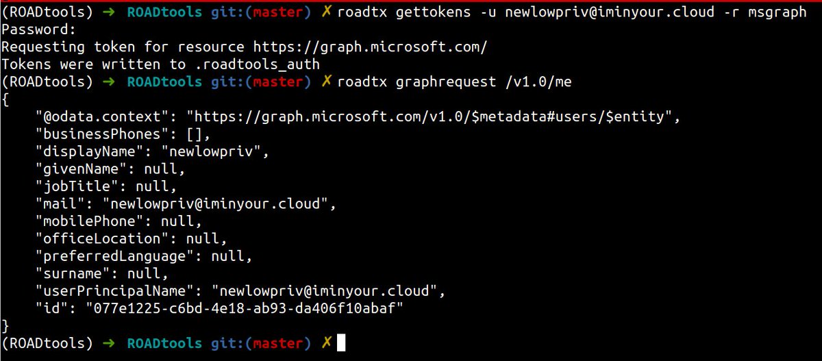 For those like me who prefer to stay in the terminal and want to call REST APIs like the Microsoft Graph without complicated commands or copy/pasting tokens: roadtx now has a graphrequest command to perform simple requests against these APIs and parse the JSON.