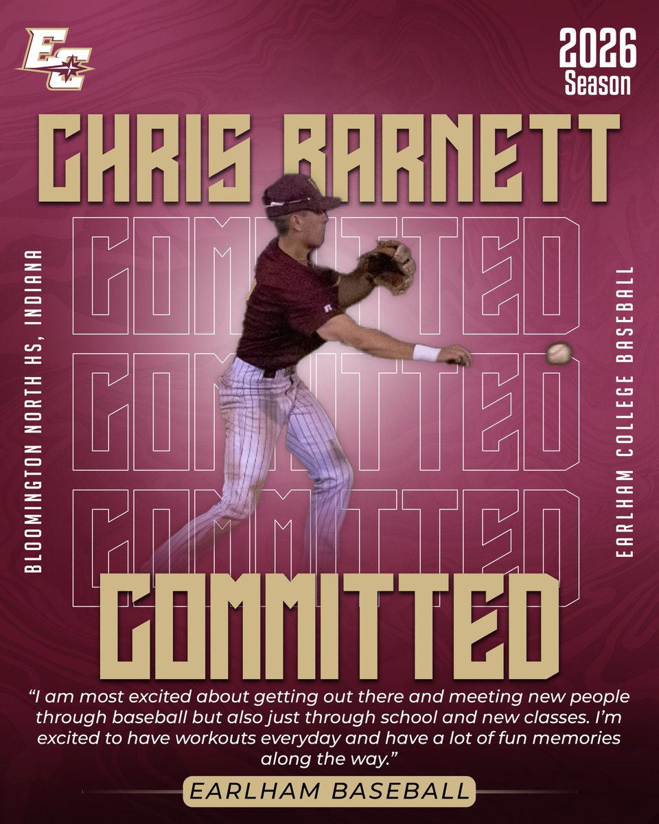 Welcoming our Earlham College baseball recruiting class for this coming season! Introducing, Chris Barnett from Bloomington North HS, Indiana! #EarnedNotGiven