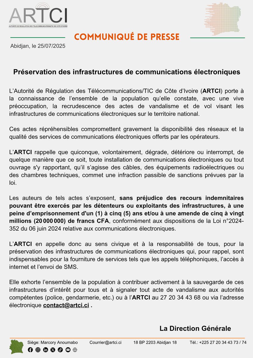 📡Communiqué De Presse

𝐏𝐫𝐞́𝐬𝐞𝐫𝐯𝐚𝐭𝐢𝐨𝐧 𝐝𝐞𝐬 𝐢𝐧𝐟𝐫𝐚𝐬𝐭𝐫𝐮𝐜𝐭𝐮𝐫𝐞𝐬 𝐝𝐞 𝐜𝐨𝐦𝐦𝐮𝐧𝐢𝐜𝐚𝐭𝐢𝐨𝐧𝐬 𝐞́𝐥𝐞𝐜𝐭𝐫𝐨𝐧𝐢𝐪𝐮𝐞𝐬

#communiqué_de_presse #artci #autoritéderégulation