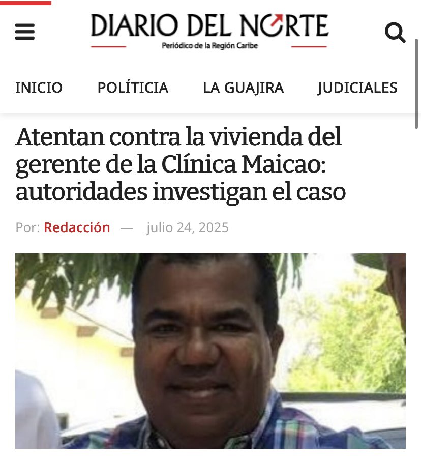 Rechazo de manera contundente el atentado contra la vivienda del Dr. Aldrin Quintana Ustate, gerente de la Clínica Maicao, ocurrido en pleno día en el barrio El Carmen, en Maicao, La Guajira.

Expreso toda mi solidaridad con él y su familia. Exigimos a las autoridades celeridad
