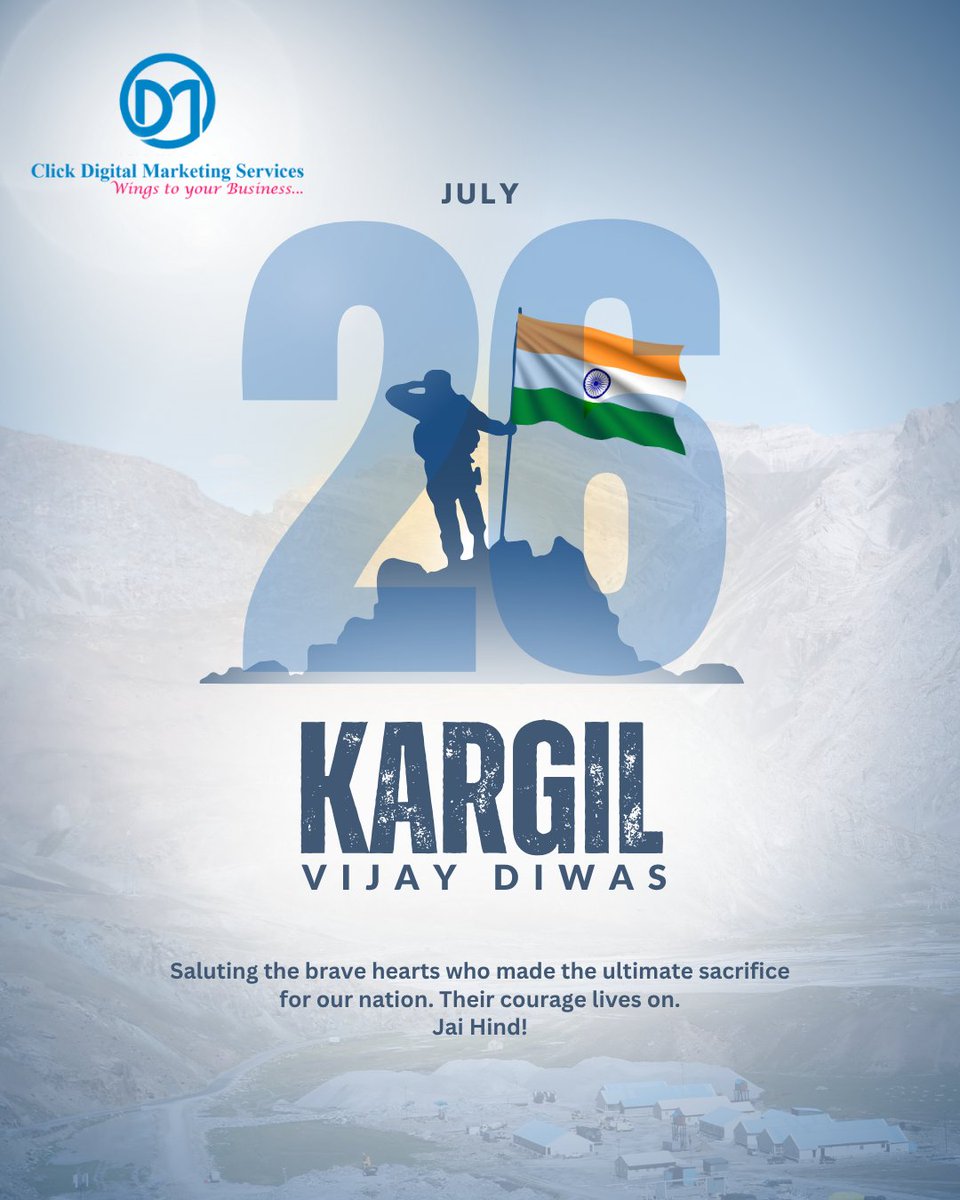 ClickDMService's tweet image. Kargil Vijay Diwas – Honoring India's Bravest
On this day, we remember the fearless soldiers who laid down their lives to protect our nation during the Kargil War
Their sacrifice is the reason we live and work in freedom today.

#KargilVijayDiwas #DigitalSalute #CDMS #Nationfirst