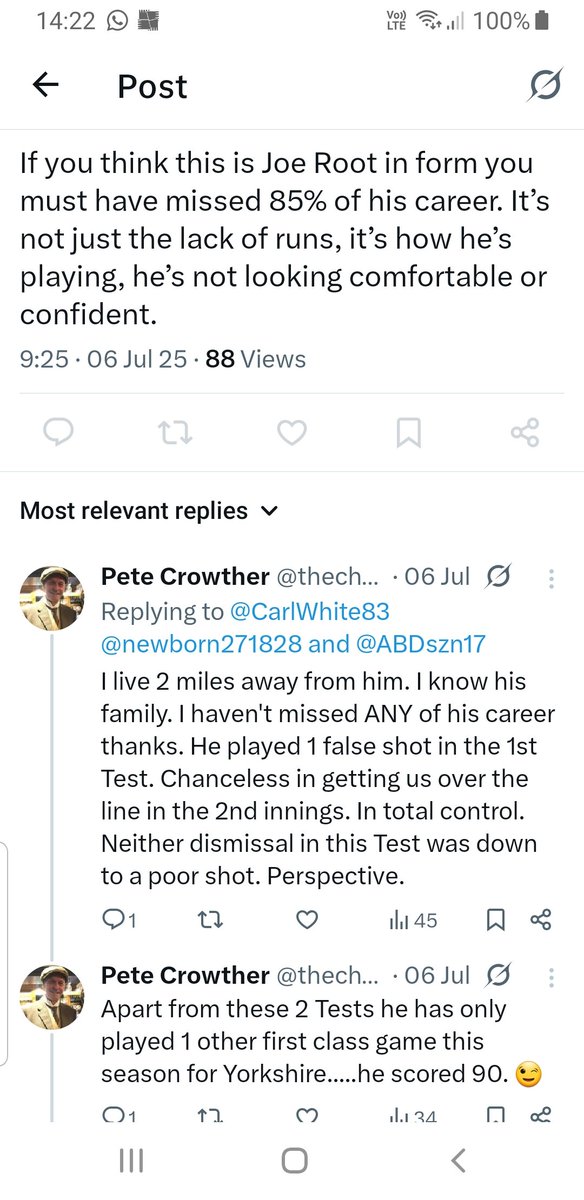 thechelskikid's tweet image. Well played Rooty! Superstar! 🔥🏏
I won't embarrass the guy by publicly naming him but I was assured after the 2nd Test that Joe was hopelessly out of form! 😂
He blocked me after the 3rd Test when he top scored in both innings including another ton!