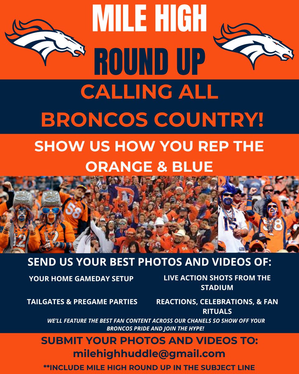 MileHighHuddle's tweet image. 📣 BRONCOS COUNTRY!
We’re launching the Mile High Round Up 🐴🔶🔷
Send us your BEST fan content — from practices with the family, to gameday setups, tailgates, live reactions & more. We want to see it all!
📩 Submit: milehighhuddle@gmail.com
#BroncosCountry #MileHighRoundUp…