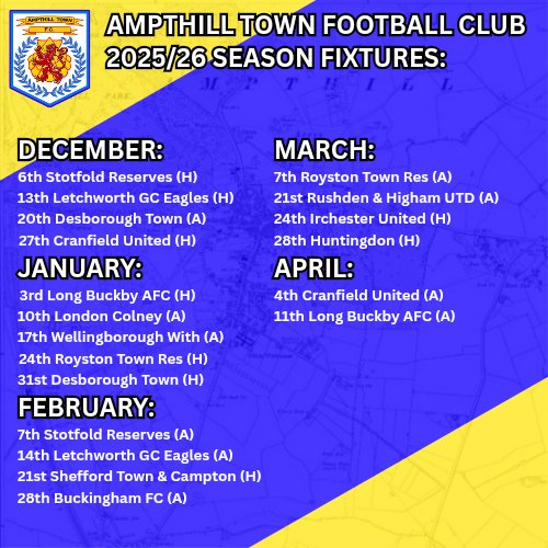 TcT_ATFC's tweet image. Ampthill Town FC Fixtures for the 2025/26 season!!! COME ON YOU AMPS!!! 💛💙💛💙 @ampthillfc @atfcwomen @AmpthillTownCC @AmpthillRufc @ampthillinfo
