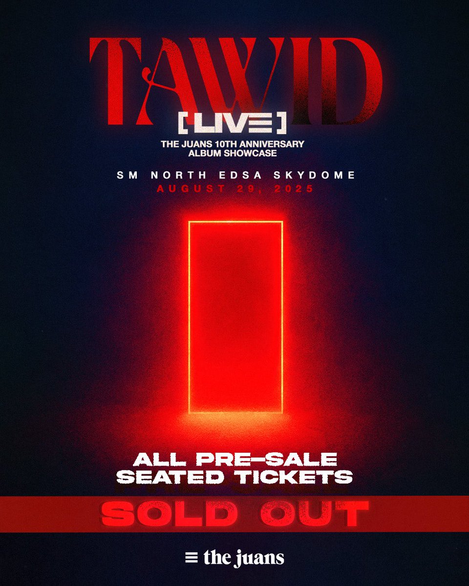 ⚠️ ALL PRE-SALE SEATED TICKETS ARE NOW SOLD OUT!
Ramdam na ramdam namin ang excitement niyo para sa 𝗧𝗔𝗪𝗜𝗗 𝗟𝗜𝗩𝗘: 𝗧𝗵𝗲 𝗝𝘂𝗮𝗻𝘀 10𝘁𝗵 𝗔𝗻𝗻𝗶𝘃𝗲𝗿𝘀𝗮𝗿𝘆 𝗔𝗹𝗯𝘂𝗺 𝗦𝗵𝗼𝘄𝗰𝗮𝘀𝗲! [August 29, 2025—7PM | SM North EDSA Skydome]

🎟️ Don’t worry, more tickets will