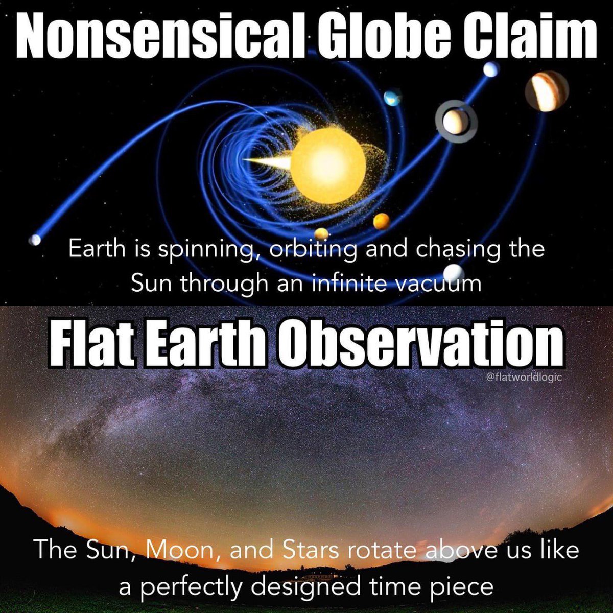FlatEarthZone's tweet image. One model looks like chaos in a vacuum. The other looks like order, rhythm, and intelligent design. Which one matches reality?