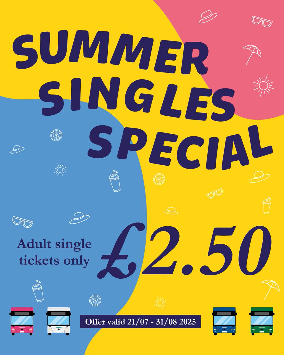 NCT_Buses's tweet image. Travel for less this summer with our Summer Singles Special! 🌞
Adult single fares are just £2.50 on all our services, including the Outer Zone, until 31 August 2025.
No discount codes or vouchers needed — pay as normal with cash, contactless, or buy on the NCTX Buses App 📲