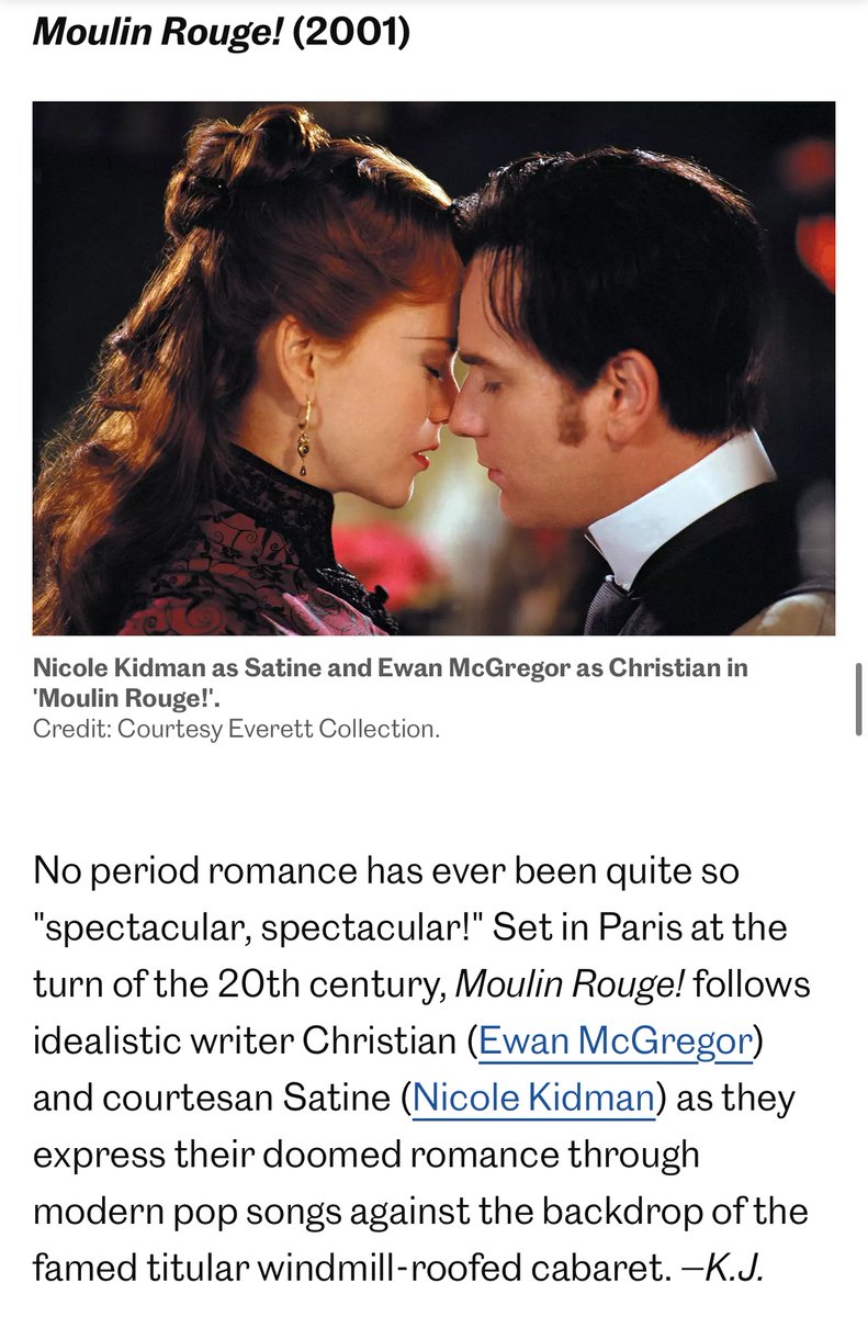 moulin rouge has been included in entertainment weekly's list of the most romantic period movies of all time (ew.com/most-romantic-…)