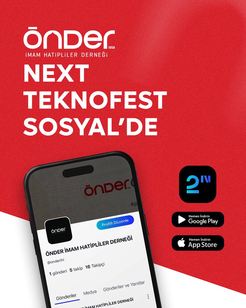 onderihl's tweet image. ÖNDER İmam Hatipliler Derneği olarak biz de yerli ve milli sosyal medya platformumuz Next Teknofest Sosyal’deyiz! 🚀🇹🇷
💬 Paylaşımlarımızla, duyurularımızla ve etkileşimli içeriklerimizle Next’te de sizlerle bir arada olacağız.
Hepinizi davet ediyoruz.
#nextteknofestsosyal…