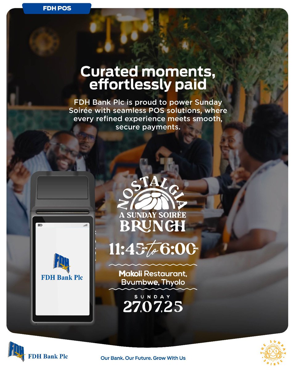 FDHBankMalawi's tweet photo. Seamless Vibes, Served Fresh 🔥
The Sunday Soirée links up with FDH Bank Plc at Makoli to elevate every transaction.
Good food, good company, and digital ease all powered by FDH’s POS solutions.
#TheSundaySoiree
#NostalgiaBrunch
#FDHExperience
#FDHBankPlc https://t.co/XbxIoa9Be1