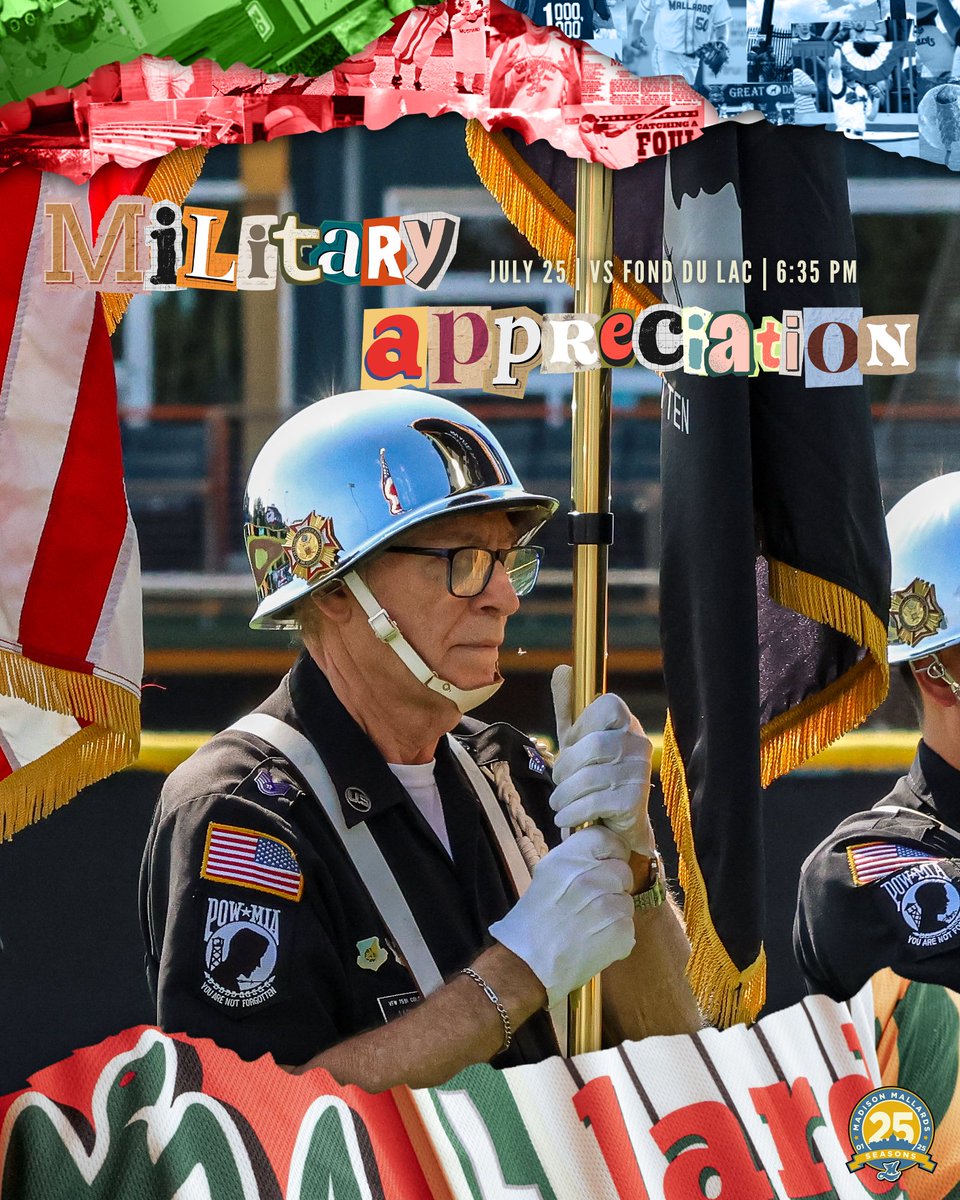 MadisonMallards's tweet image. We thank and honor those who serve and have served our country πΊπΈ
π | Madison, WI
π | @DockSpiders
β° | 6:35 PM CT
πΊ | tinyurl.com/5xpckrnv
ποΈ | tinyurl.com/4xz8brfb (Grandstand only)
πΊπΈ | Military and Veteran Appreciation Night
