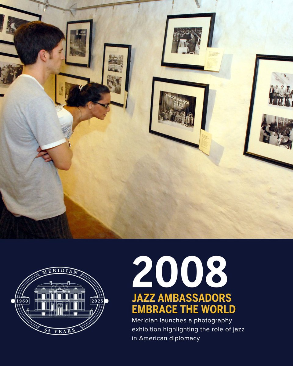 MeridianIntl's tweet image. At the height of the Cold War, jazz was America’s secret diplomatic superpower. Meridian’s “Jam Session” photo exhibition celebrates how legends like Louis Armstrong and Dizzy Gillespie built global bridges through music, touring 35+ countries as cultural envoys.

Pictured: 2010…