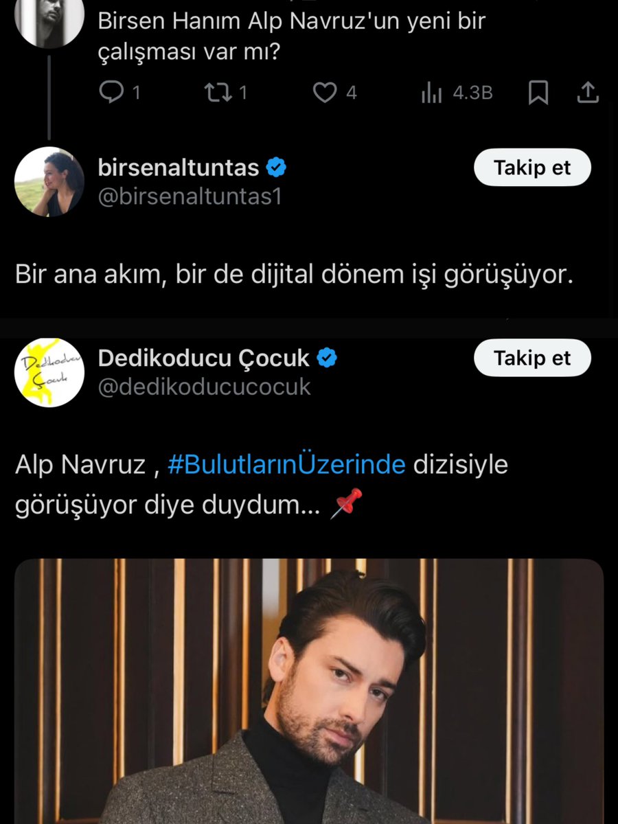 #AlpNavruz’un, biri Show TV’de yayınlanacak BKM yapımı “Bulutların Üzerinde” adlı dizi olmak üzere iki projeyle görüşme halinde olduğu söyleniyor. Diğer projenin ise dijital platform için bir dönem işi olacağı belirtiliyor. ✨
