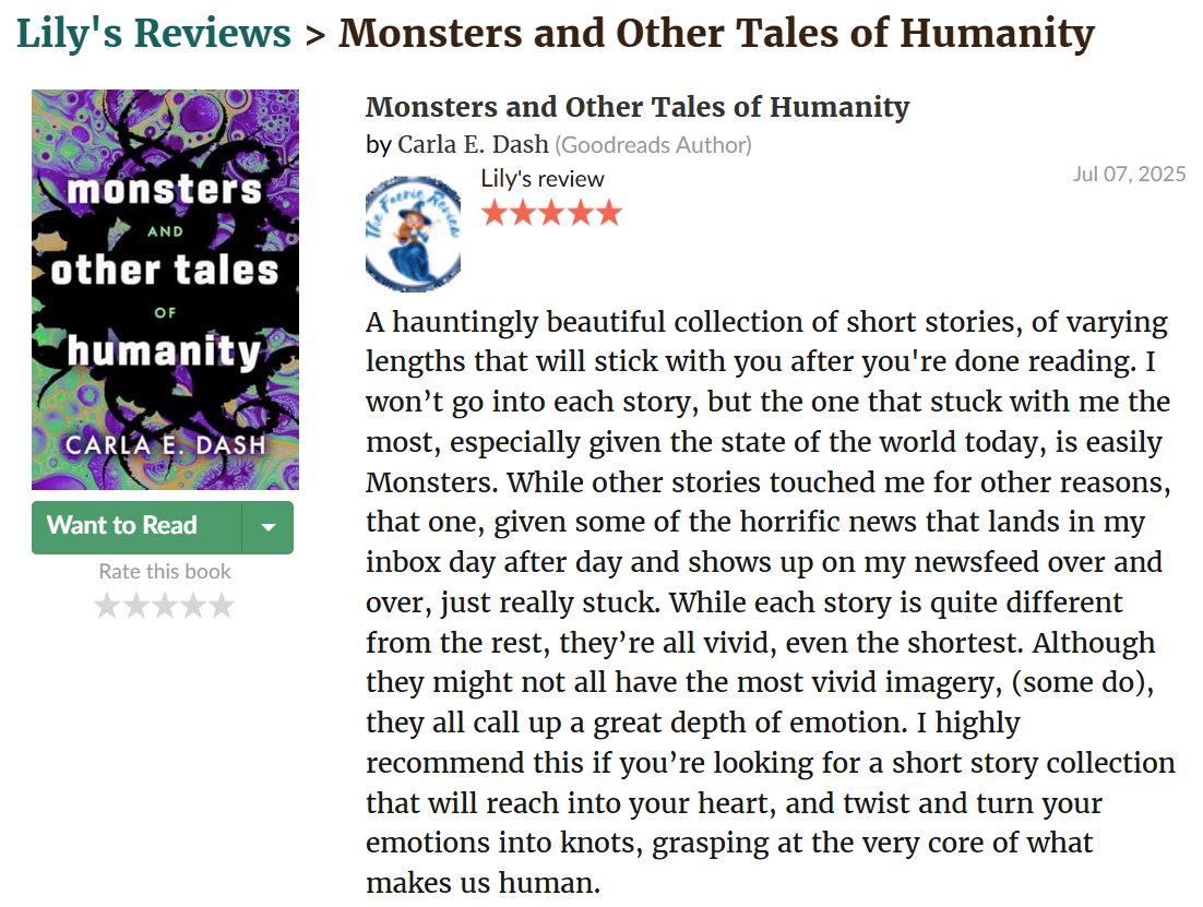 MeerkatPress's tweet image. ⭐⭐⭐⭐⭐Lovely review of #MonstersAndOtherTalesOfHumanity, Carla E. Dash's debut collection of haunting short fiction.
goodreads.com/review/show/77…
Book Page: meerkatpress.com/books/monsters…
#CarlaEDash #DarkFiction #NewRelease #Collection @carlaedash