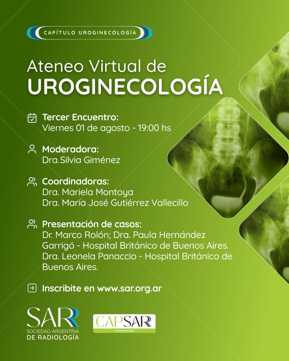 ¡Te esperamos en el próximo encuentro de los Ateneos Virtuales de Uroginecología 2025, organizados por el capítulo de #Uroginecología de la SAR!

📅Viernes 1 de agosto ⏰ 19:00
💻Plataforma: ZOOM
👨‍⚕️Moderadora: Dra. Silvia Giménez
📲Más info e inscripción: sar.org.ar