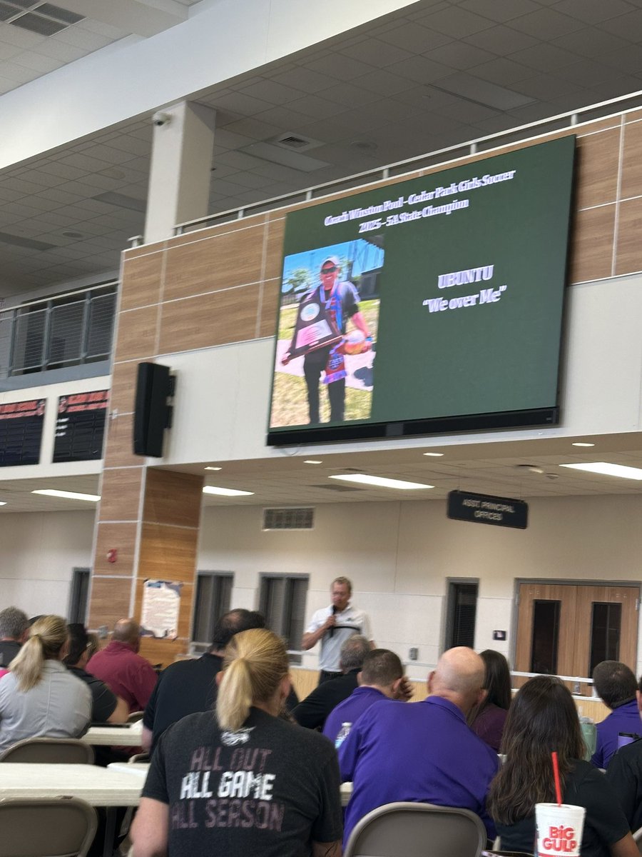 Coach Winston Pool sharing the “Ebuntu” philosophy of his <a href="/CPHSWomenSoccer/">Cedar Park Women’s Soccer</a> vision with our district coaches this morning!  It’s the WE OVER me!  Great job coach!  #OneStandard #Attack <a href="/LeanderisdATH/">Leander ISD Athletics</a>