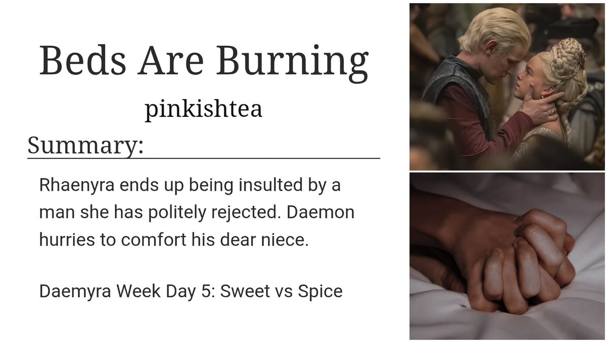 pinkorchestra's tweet image. second work for @DAEMYRAEVENTS’s daemyra week 2025, 3k words of daemyra spice 🤭 shout-out to notsoshyloz on ao3 for dropping this prompt in the week collection, i really enjoyed writing it!
🔗 archiveofourown.org/works/68133081
#daemyraweek25 #daemyra #houseofthedragon