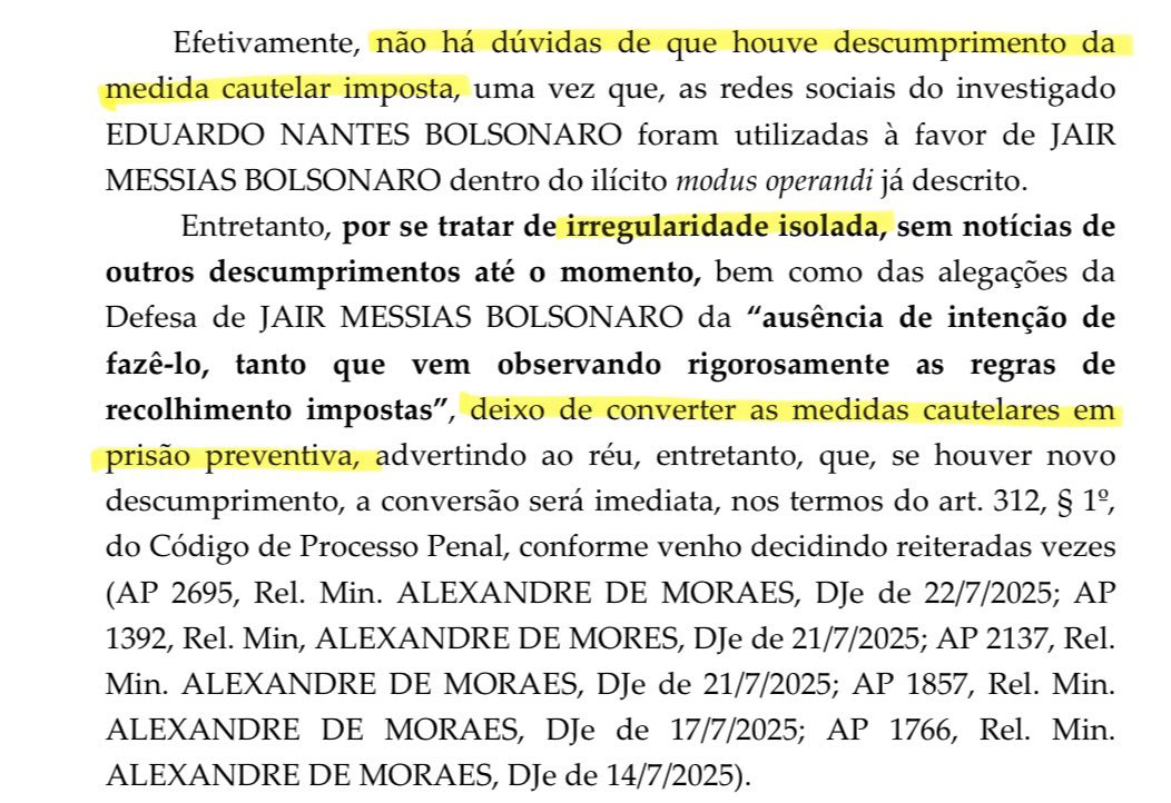 Antes do bafo no cangote, Alexandre decretava prisão por qualquer mínima coisa.

Depois do bafo no cangote, mesmo dizendo que “não há dúvidas de que houve descumprimento da medida cautelar”, vira um cara legalzão que deixa o “descumprimento” passar impune.

De uma hora para