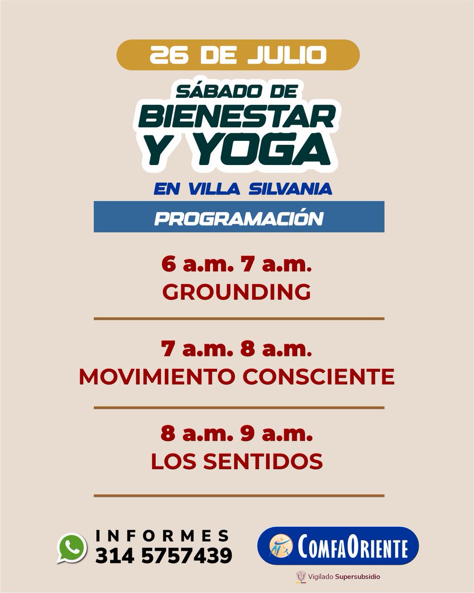 Sábado de bienestar y yoga en Villa Silvania 🧘‍♀️

Elige la sesión de tu preferencia y llena tu vida de bienestar. Te esperamos desde las 06:00 a.m.

🗓️ Sábado 26 de Julio de 2025.
📍 Villa Silvania.

Inscríbete ya 👉 lc.cx/FHWYUO

#ComfaOriente #LaCajaDeLosBeneficios