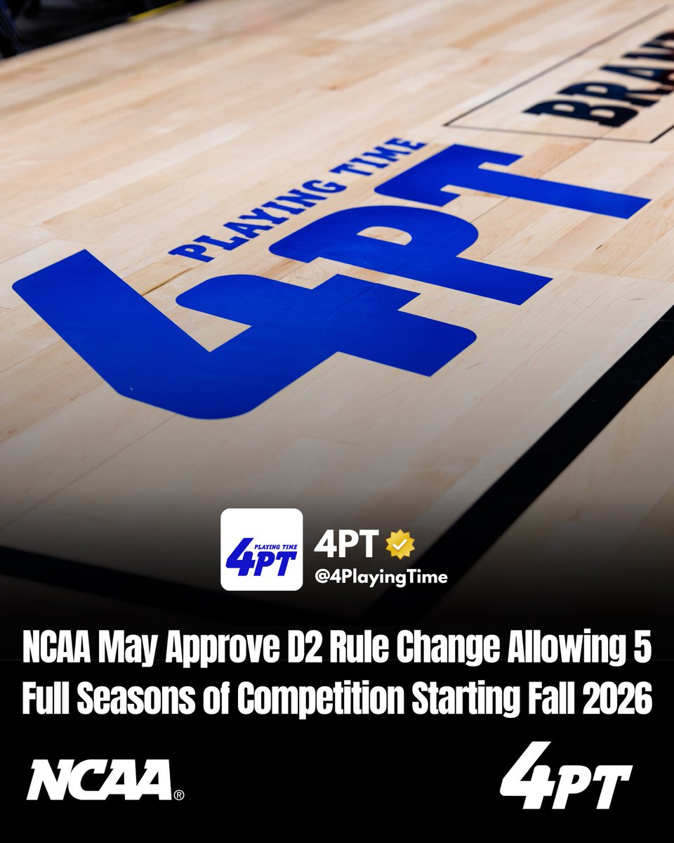 4PlayingTime's tweet image. Breaking News: NCAA D2 may soon allow 5 seasons of play, per NCAA release.
The D2 Management Council has backed a proposal granting athletes 5 seasons of competition within 10 semesters — up from 4.
If passed in Jan 2026, it would take effect Fall 2026.
#4PT #4PlayingTime