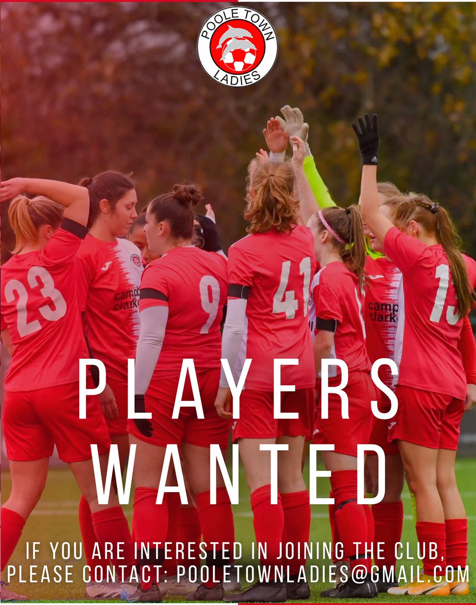 PLAYERS WANTED!

Poole Town Ladies are looking for potential new players for the upcoming season and the chance to join a family football club thriving for success!❤️

If you are interested in joining, then please contact: pooletownladies@gmail.com