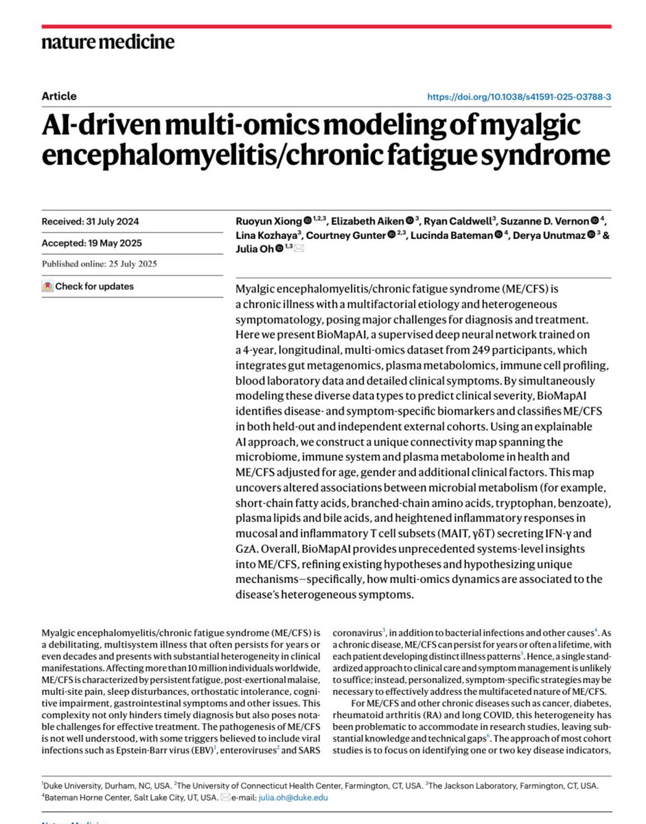 Derya Unutmaz, MD (@deryatr_) on Twitter photo Super excited that our landmark <a href="/NatureMedicine/">Nature Medicine</a> paper on ME/CFS is out! 🎉
This was years in the making & only made possible because of AI! Big implications for clinical translation, therapeutics. Will do deep-dive thread later today, stay tuned.
Grateful to the whole team!🙌 Super excited that our landmark <a href="/NatureMedicine/">Nature Medicine</a> paper on ME/CFS is out! 🎉
This was years in the making & only made possible because of AI! Big implications for clinical translation, therapeutics. Will do deep-dive thread later today, stay tuned.
Grateful to the whole team!🙌