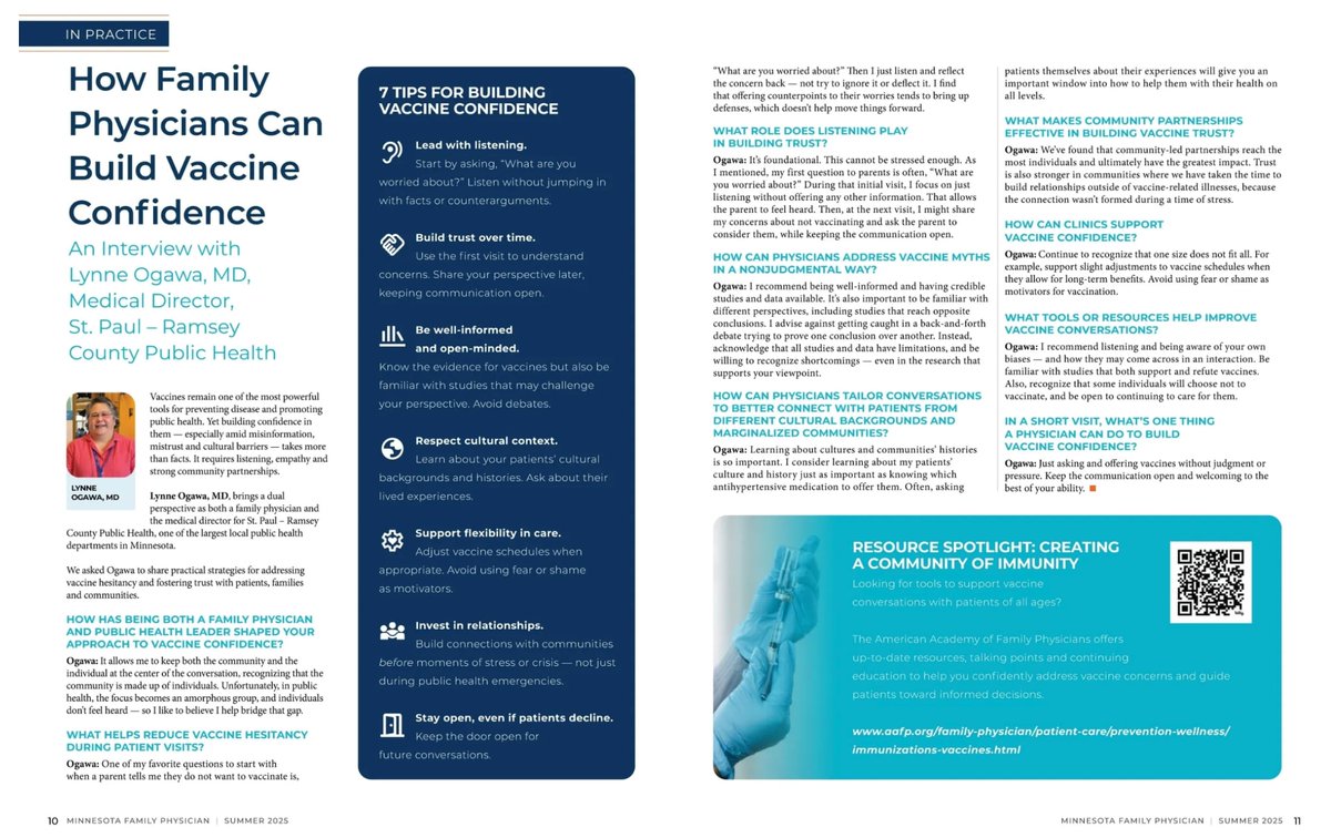 💉 Vaccines remain one of the most powerful tools for preventing disease &amp; promoting public health. 

In the latest MFP, family doc &amp; public health leader Lynne Ogawa, MD, shares practical strategies to address vaccine hesitancy &amp; build trust.

mydigitalpublication.com/publication/?i…