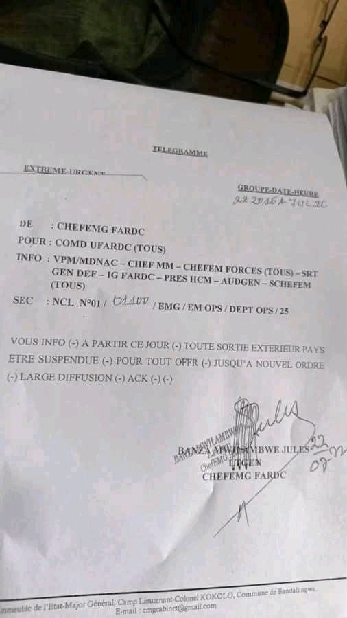 Echosnet (@mwenyif4) on Twitter photo 🔴#RDC |#Sécurité
Le chef d'État major a suspendu le déplacement à l'étranger de tous les officiers supérieurs de #FARDC jusqu'à nouvel ordre.
<a href="/VPMDefenseRdc/">Vice-Primature, Ministère de La Défense/RDC</a> 🔴#RDC |#Sécurité
Le chef d'État major a suspendu le déplacement à l'étranger de tous les officiers supérieurs de #FARDC jusqu'à nouvel ordre.
<a href="/VPMDefenseRdc/">Vice-Primature, Ministère de La Défense/RDC</a>