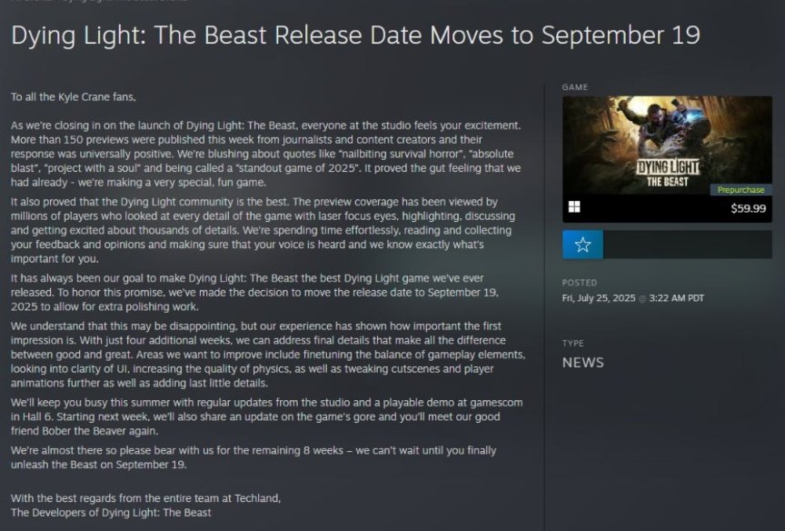 SpawnYaardReply's tweet image. 🔸Dying Light: The Beast delayed to Sept 19th (from Aug 22nd)
🔸 Assassin's Creed Shadows Claws of Awaji expansion out on September 16th, free for those who pre-ordered the game
🔸Wuchang releases patch 1.3 addressing performance issues.
🔸Frostpunk 2 console launch on Sep 18th