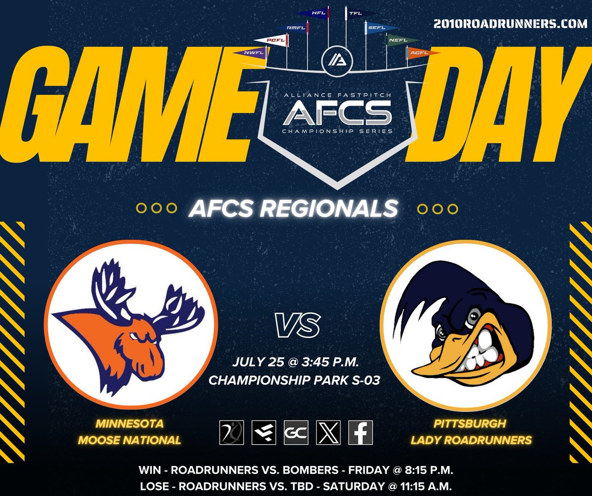 2010Roadrunners's tweet image. Everyday is bracket day at the AFCS and PLR 2010 starts their Regional Bracket play today against a tough Minnesota national team. Good luck Roadrunners! @AGLSoftball @NEFLfastpitch
@thealliancefp @Bullpenevents
2010ROADRUNNERS.com
