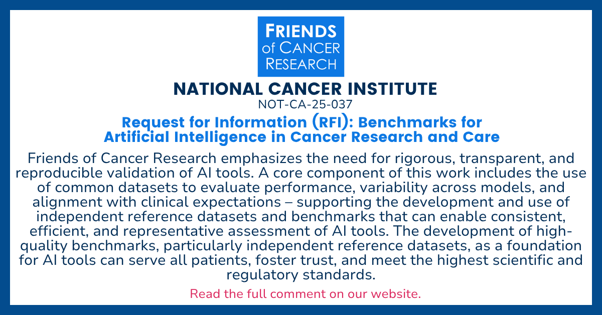 CancerResrch's tweet image. Building trust in #AI for #cancercare requires benchmarks that capture real-world representativeness and clinical realities. In our response to @theNCI, we outline key priorities to help AI tools meet regulatory standards and deliver reliable results: bit.ly/40Aju3q.