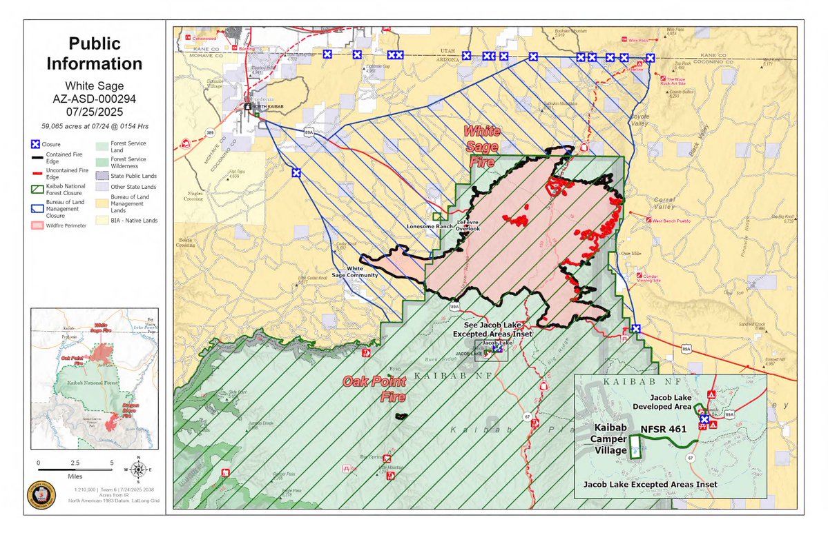 KaibabNF's tweet image. WHITE SAGE FIRE DAILY UPDATE - July 25, 2025
81% contained - 58,980 acres - 398 personnel - 0 structures lost
Fire Information: Phone: (928) 218-4240 daily from 8 a.m. - 8 p.m.
Email: 2025.whitesage@firenet.gov
InciWeb: inciweb.wildfire.gov/incide.../azas…