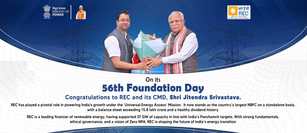 RECLindia's tweet image. On the momentous occasion of REC’s 56th Foundation Day, Sh. Manohar Lal, Hon’ble Minister of Power has extended his heartiest greetings to Sh. Jitendra Srivastava, CMD, REC Ltd., and the entire REC family.
His invaluable leadership and unwavering support has guided our journey…