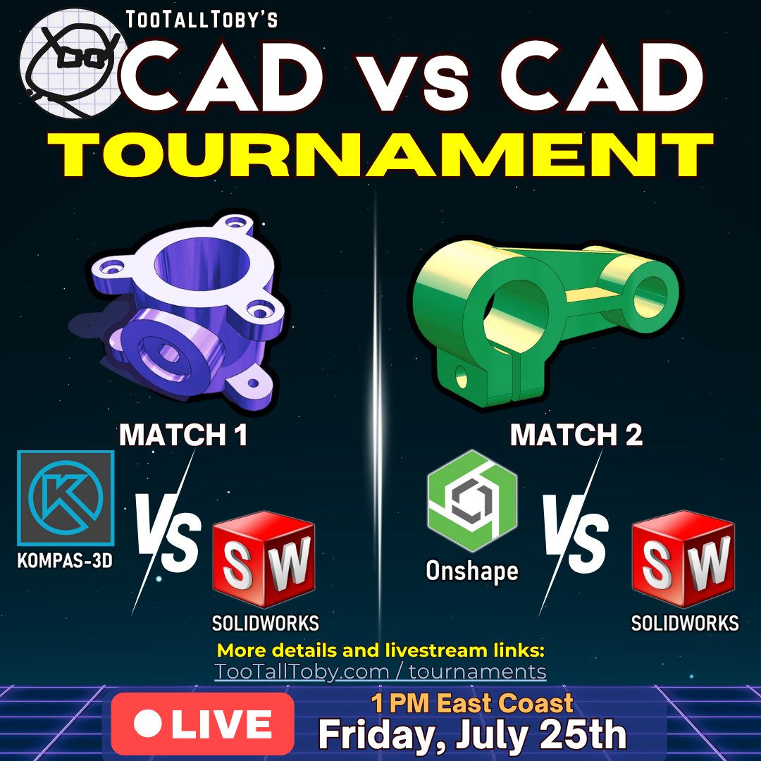 CAD vs CAD ACTION!! 🔥🧙‍♂️ Join us LIVE today! youtube.com/live/d0w26xsKu…

Match 1: KOMPAS-3D vs SOLIDWORKS

Match 2: Onshape vs SOLIDWORKS

Catch up on last week's action here: youtube.com/watch?v=J3h3ag…

---------------------------------

Thank you to our sponsors:

Blue Byte Systems