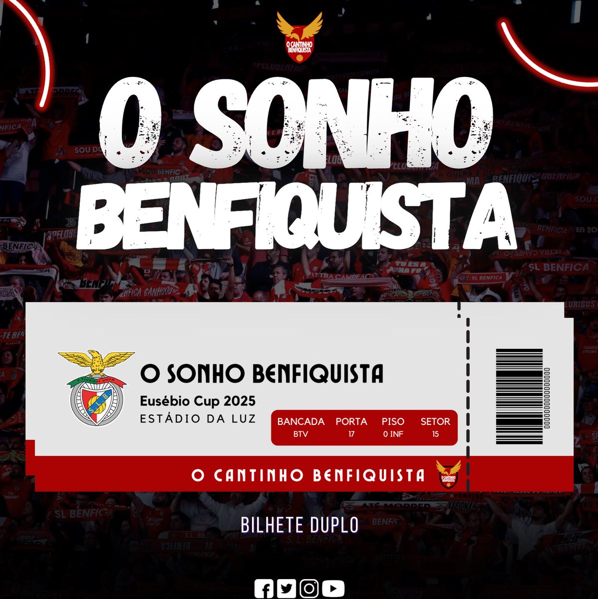 OCantinho1904's tweet photo. 🎟️ 𝗚𝗶𝘃𝗲𝗮𝘄𝗮𝘆 - 𝗕𝗶𝗹𝗵𝗲𝘁𝗲 𝗗𝘂𝗽𝗹𝗼

Temos bilhete duplo disponível para a Eusébio Cup amanhã. Damos preferência a quem nunca viu um jogo ao vivo no Estádio da Luz, ou que não frequenta o estádio com muita frequência. 

É só enviar uma mensagem privada, e iremos escolher o vencedor mais logo. 

#EusebioCup | #Benfica | #DeTodosUm
