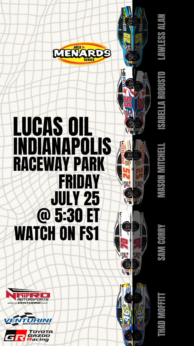 VenturiniMotorsports (@venturinimotor) on Twitter photo ARCA MENARDS SERIES
Race day <a href="/RaceIRP/">Lucas Oil Indianapolis Raceway Park</a>
VMS Driver Lineup:
<a href="/lawlessalan25/">Lawless Alan- CEO of Racing</a> <a href="/MasonAMitchell/">Mason Mitchell</a> <a href="/IsabellaRobusto/">Isabella Robusto</a> <a href="/thadmoffitt/">Thad Moffitt</a> <a href="/samcorryracing/">samcorryracing</a> #teamtoyota ARCA MENARDS SERIES
Race day <a href="/RaceIRP/">Lucas Oil Indianapolis Raceway Park</a>
VMS Driver Lineup:
<a href="/lawlessalan25/">Lawless Alan- CEO of Racing</a> <a href="/MasonAMitchell/">Mason Mitchell</a> <a href="/IsabellaRobusto/">Isabella Robusto</a> <a href="/thadmoffitt/">Thad Moffitt</a> <a href="/samcorryracing/">samcorryracing</a> #teamtoyota