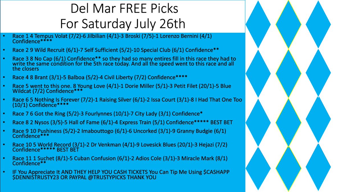 FREE Saratoga Picks for Jim Dandy Day,
AND FREE Del Mar Picks!
As many of you know I have been sick all week I finally am back at full strength. I am not doing sales this week but I am having a tip option if you cash something good off my picks I'd appreciate it! Like AND Retweet